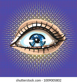 Beautiful female eye with make up pop art retro vintage style with rays and dots