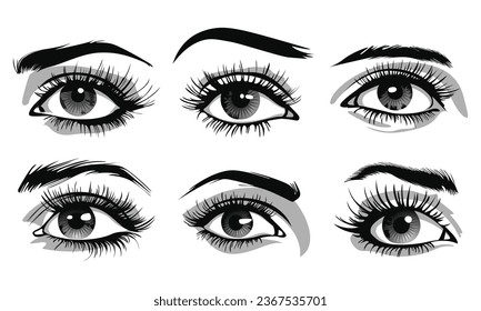 Beautiful female eyes with big lashes and eyebrows. Eyeliner glamour makeup. Icon set