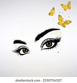 Hermosos ojos femeninos con mariposas doradas decorativas sobre un fondo claro