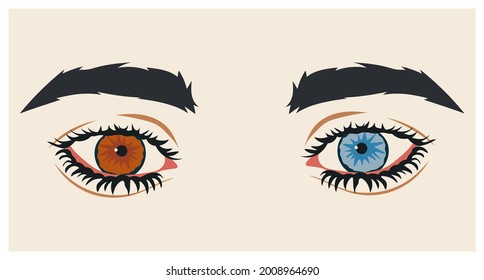 Beautiful female eyes with heterochromia iridis or contact lenses. Brown and blue eye colour. Hand drawn vector illustration.
