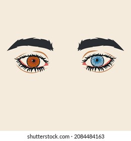Beautiful female eyes with heterochromia iridis or contact lenses, brown and blue eye colour. Hand drawn vector illustration.
