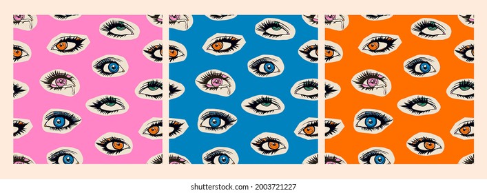 Beautiful female Eyes with long Eyelashes. Different colors of eyes. Hand drawn Vector illustration. Set of three colorful square seamless Patterns. Background, wallpaper, print template