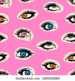 Beautiful female Eyes with long Eyelashes. Dramatic look. Different colors of eyes. Hand drawn Vector illustration. Colorful square seamless Pattern. Background, wallpaper, print template