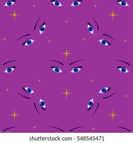 Beautiful female eyes, seamless pattern with stars.