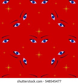 Beautiful female eyes, seamless pattern with stars.