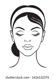 Beautiful female face with closed eyes. Portrait after cosmetic procedures. Illustration for medical clinics and cosmetics, beauty salons. Vector illustration on a white background.  
