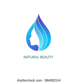 Beautiful Female Face in Drop with Waves. Vector Logo Template. Abstract Business Concept for Beauty Salon, Barbershops, Massage, Cosmetic and Spa.