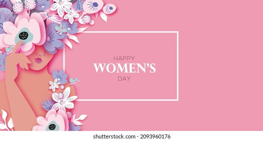 Hermosa cara femenina. Mujer con florero. Ramo de flores. Feliz Día de la Mujer. Feliz Día de la Madre. Venera, Venus estilo de corte de papel de concepto femenino. Bodypositivo. 8 de marzo. Rosa. Blanco. Muy peri. Vector