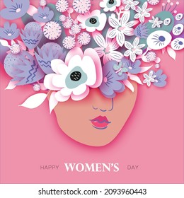 Beautiful female face. Floral vase woman. Flower bouquet. Happy Women's day. Happy Mother's Day. Venera, Venus female concept paper cut style. Bodypositive. 8 March. Pink. White. Very peri. Vector
