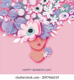 Beautiful female face. Floral vase woman. Flower bouquet. Happy Women's day. Happy Mother's Day. Venera, Venus female concept paper cut style. Bodypositive. 8 March. Pink. White. Very peri