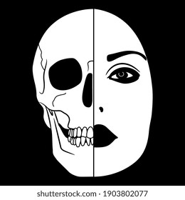 Beautiful female face half skull. Dead and alive head. Juxtaposition of life and death. Vita brevis. Memento mori. Black and white silhouette. Creative conceptual art.