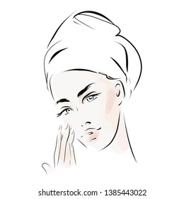 Beautiful female face. Hand-drawn illustration. Skin care, beauty industry, makeup
