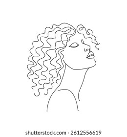 Beautiful female face holding flower in hand. Continuous line art in elegant line style for prints, tattoos, posters, textiles, cards etc. Vector illustration