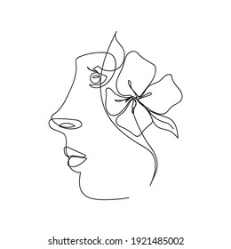 Beautiful female face in profile with a flower drawn in one line. Vector illustration.