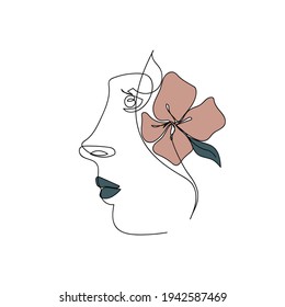 Beautiful female face in profile with a flower drawn in one line. Vector illusttration.