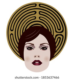 Beautiful female face with round spiral maze or labyrinth as her nimbus. Ariadne archetype. Creative concept. Woman as mystery and goddess. 