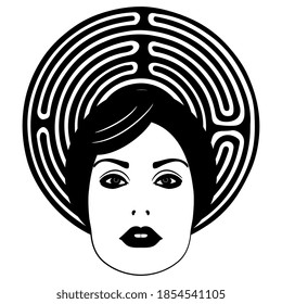 Beautiful female face with round spiral maze or labyrinth as her nimbus. Ariadne archetype. Creative concept. Woman as mystery and goddess. Black and white silhouette.
