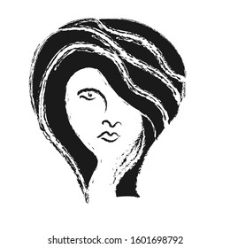 Beautiful female face. The Style Of Doodle. Isolated on a white background. The concept of feminism or women's day. Black and white vector illustration for design, poster, poster.
