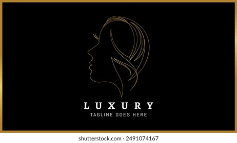 Beautiful female face vector line art elegant logo template, Isolated gold girl face head logotype design.