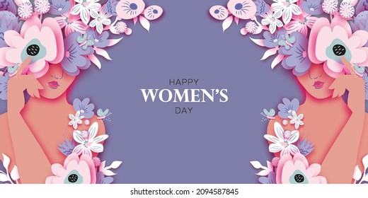 Beautiful female faces. Floral vase woman. Flower bouquet. Happy Women's day. Happy Mother's Day. Venera, Venus female concept paper cut style. Body positive. 8 March. Pink. White. Very peri.
