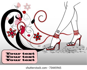 beautiful female feet in fashionable sandals in the abstract Floral background