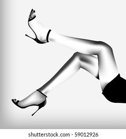 Beautiful female feet on a white background. The Black-and-white vector illustration.