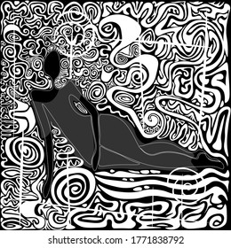Beautiful female figure, curvy hips, big hips, feminine, graceful figure, abstraction, black, white, lace, geometry, ribbons, thoughts, images, concise, laconic, stylish, beautiful