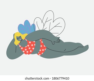 Beautiful female figure and leaves, Body positive in dressed  trendy swimsuits lie on side poses. Vector illustration in flat style