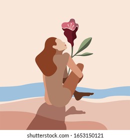 Beautiful female figure, on the beach holding a growing flower. minimalist. body positive. personal growth. hope. Vector flat illustration.