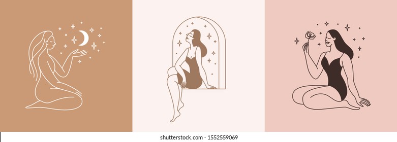 Beautiful female figure. Vector logo design template and illustration in simple minimal linear style - body positive emblem, abstract badge for lingerie designer and swimsuit shop,  cosmetology, massa