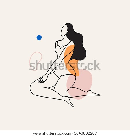 Beautiful female figure. Vector logo design template and illustration in simple minimal linear style - body positive emblem, abstract badge for lingerie designer, modern feminine art