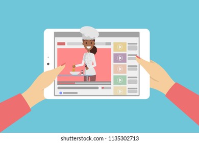 Beautiful female food blogger. Woman cooks delicious food, records it on camera and sharing video on her channel. Flat vector illustration