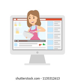 Beautiful female food blogger. Woman cooks delicious food, records it on camera and sharing video on her channel. Isolated flat vector illustration
