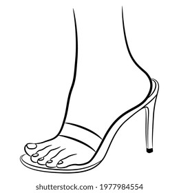 Beautiful female foot in a slipper show on high hills. Cartoon style. Woman footwear fashion. Black and white linear silhouette.