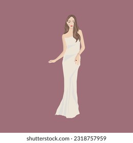 Beautiful female full body fashion pose. Long dress in black, beige, red, yellow. with background.