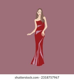 Beautiful female full body fashion pose. Long dress in black, beige, red, yellow. with background.