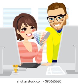 Beautiful female graphic designer picking color from palette with male graphic designer partner teamwork concept