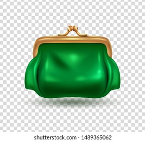 Beautiful female green purse for coins Isolated on a transparent background. Vintage accessory. Vector illustration. 3D effect, EPS 10