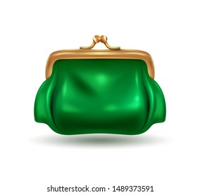 Beautiful female green purse for coins Isolated on a white background. Vintage accessory. Vector illustration. 3D effect, EPS 10
