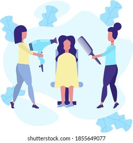 Beautiful female hairdressers blow-dry with hairdryer and comb hair. Happy women in hairdressing salon. Flat vector illustration in blue and yellow color 