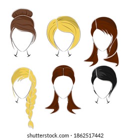 Beautiful female hairstyle. Different models of fashionable haircuts. Vector illustration.