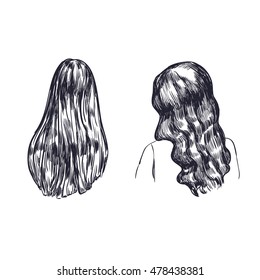 Beautiful female hairstyle. Hand drawn. View from the back.