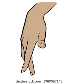 Beautiful female hand in elegant funny reconciliation gesture. Two fingers showing walking man. Cartoon style.