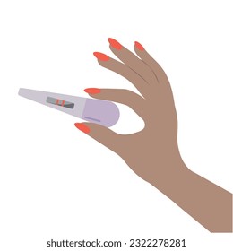 Beautiful female hand is holding a pregnancy test with positive result as a two lines. Planning a baby, motherhood and healthcare concept. Flat vector illustration 