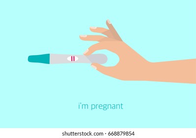 Beautiful female hand is holding a pregnancy test with positive result as a two lines. Planning a baby, motherhood and healthcare concept. Flat vector illustration for a poster with text.