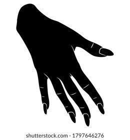 Beautiful female hand with long nails in elegant gesture. Black and white silhouette.