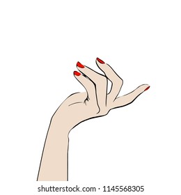 Hermosa mano femenina apuntada por gesto aislada en fondo blanco. Hermosa mano femenina con manicura roja en las uñas. Esbozo de la moda dibujado a mano. Ilustración vectorial. Estilo, belleza