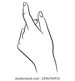 Beautiful female hand with pointing index finger. Elegant gesture. Black and white linear silhouette. Cartoon style.