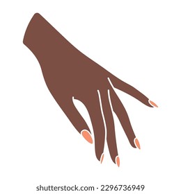 A beautiful female hand takes or puts something down. Arm of a black woman. Wrist and fingers. Palm down perspective. Delicate minimalist illustration in boho style. Fashionable manicure. Gesture