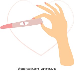 A beautiful female hand is waiting for a pregnancy test with a positive result in the form of two lines. Child planning, motherhood and healthcare concept. Flat vector cartoon illustration.